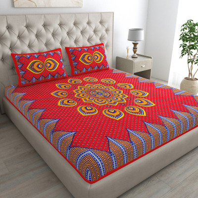 KOUNDAL Cotton Double Flat 144 TC Jaipuri Prints Bedsheet(Pack of 1, Red)