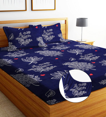 EXFAB 244 TC Cotton King Printed Fitted (Elastic) Bedsheet(Pack of 1, BLUE DARK)