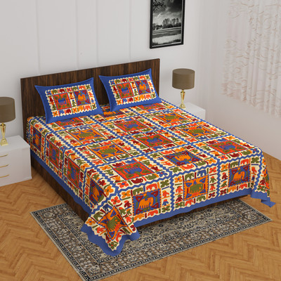 Indian Royal Fashion Cotton Double Flat 144 TC Printed Bedsheet(Pack of 1, Blue)