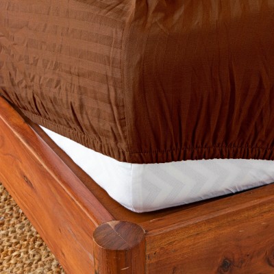 HOMEMONDE 210 TC Cotton Double Striped Fitted (Elastic) Bedsheet(Pack of 1, Brown)