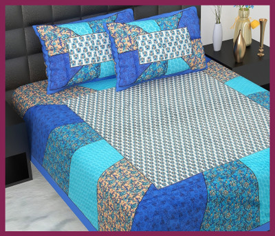 JAIPUR PRINTS Cotton Double Flat 210 TC Jaipuri Prints Bedsheet(Pack of 1, Blue)