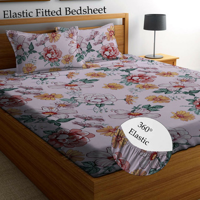 Amrange 210 TC Microfiber King Floral Fitted (Elastic) Bedsheet(Pack of 1, Pink)