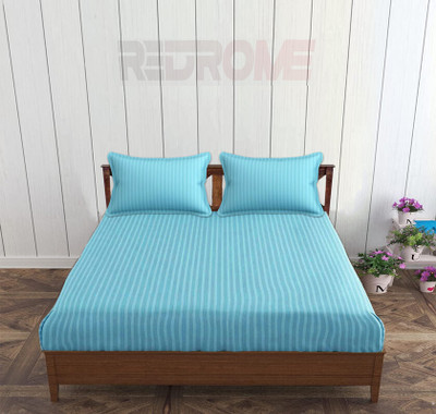 REDROME Cotton Queen Flat 300 TC Striped Bedsheet(Pack of 1, Aqua)