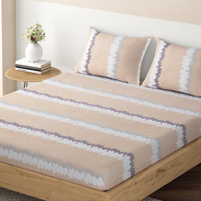 HOKiPO Microfiber Queen Fitted (Elastic) 140 TC Striped Bedsheet(Pack of 1, Butter Cream Brown Wavy Stripes)