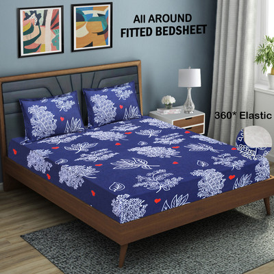 Good Homes 144 TC Microfiber Double Abstract Fitted (Elastic) Bedsheet(Pack of 1, Blue)