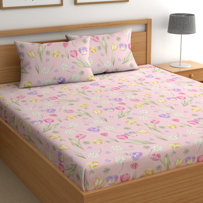 CHHAVI INDIA 210 TC Microfiber King Printed Flat Bedsheet(Pack of 1, Pink & Multi)