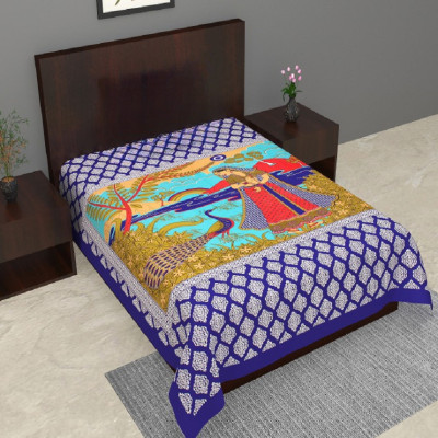 E ELMA Cotton Single Flat 144 TC Jaipuri Prints Bedsheet(Pack of 1, Blue)