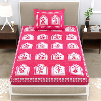 Mandakini 140 TC Cotton Single Jaipuri Prints Flat Bedsheet(Pack of 1, Pink)