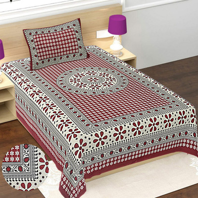 JaypurTextile 151 TC Cotton Single Jaipuri Prints Flat Bedsheet(Pack of 1, Maroon)