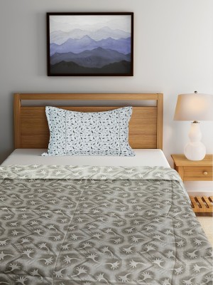 TRUE HOME 180 TC Cotton Single Floral Flat Bedsheet(Pack of 1, Light Grey)