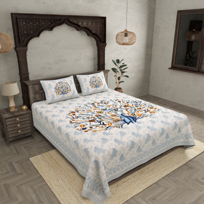 JAIPUR FABRIC Cotton Double Flat 180 TC Printed Bedsheet(Pack of 1, White, Blue)