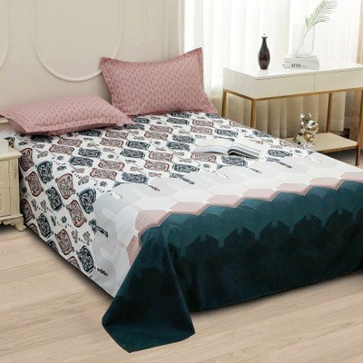 Story@home 240 TC Microfiber Double Printed Flat Bedsheet(Pack of 1, White, Peach)