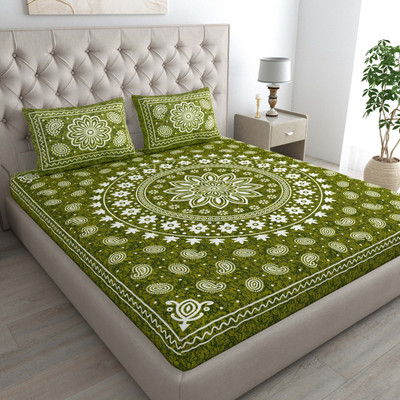 BharatLinen Cotton King Flat 144 TC Jaipuri Prints Bedsheet(Pack of 1, Green, White, Dark Green)