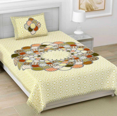 hntraders Cotton Single Flat 144 TC Floral Bedsheet(Pack of 1, White)