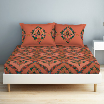 SPACES 132 TC Cotton Double Geometric Flat Bedsheet(Pack of 1, SHRIMP)