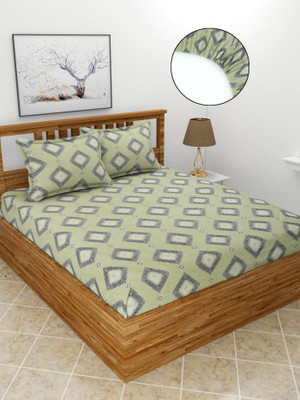 MORADO 210 TC Polycotton Double Printed Fitted (Elastic) Bedsheet(Pack of 1, Green)