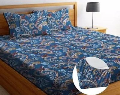 ARDM 210 TC Cotton Double Jaipuri Prints Fitted (Elastic) Bedsheet(Pack of 1, Blue)