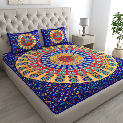 KOUNDAL Cotton Double Flat 144 TC Jaipuri Prints Bedsheet(Pack of 1, Blue)