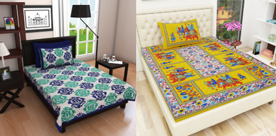 KANDY SHOP Cotton Single Flat 140 TC Printed Bedsheet(Pack of 2, Blue, Yellow)
