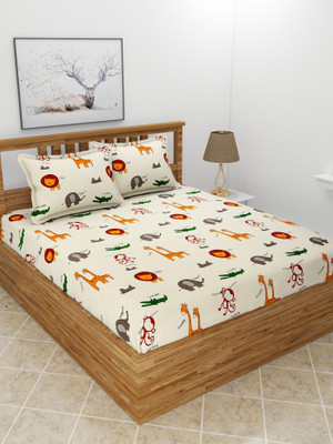 BREVARD Polycotton Queen Flat 210 TC Printed Bedsheet(Pack of 1, Offwhite)