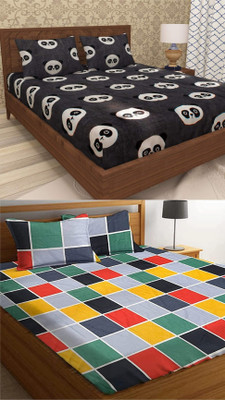 VORDVIGO 220 TC Cotton Queen Abstract Fitted (Elastic) Bedsheet(Pack of 2, Multicolor)