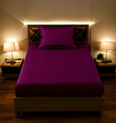 HOMYBEES Cotton Single Fitted (Elastic) 300 TC Striped Bedsheet(Pack of 1, Purple)