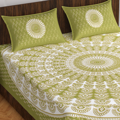 E ELMA Cotton Double Flat 144 TC Abstract Bedsheet(Pack of 1, Green)
