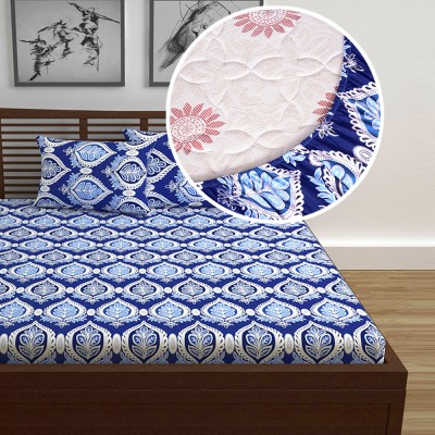 Divine Casa 144 TC Cotton Double Floral Fitted (Elastic) Bedsheet(Pack of 1, Blue Ribbon)