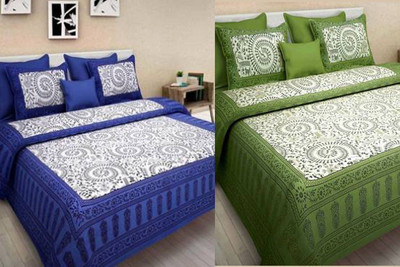 KANDY SHOP Cotton Double Flat 250 TC Jaipuri Prints Bedsheet(Pack of 1, Blue, Green)