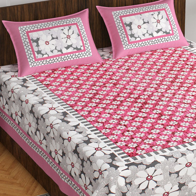 Cosito 144 TC Cotton Double Jaipuri Prints Flat Bedsheet(Pack of 1, Pink)