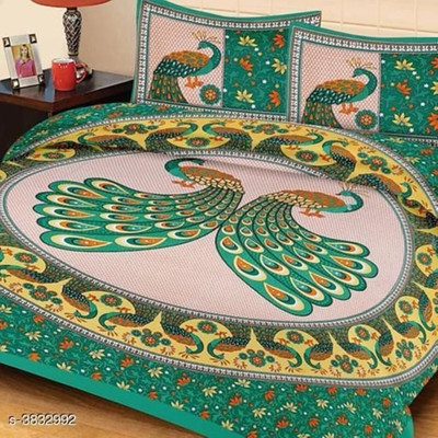 KMP Badsheets Cotton Double Flat 144 TC Jaipuri Prints Bedsheet(Pack of 1, Green)