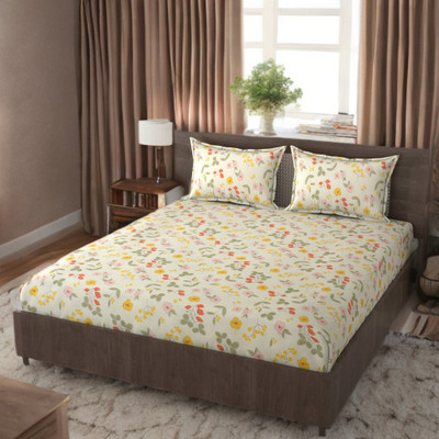 HUESPACE Cotton, Microfiber Double, Queen Fitted (Elastic) 300 TC Floral Bedsheet(Pack of 1, Peach)