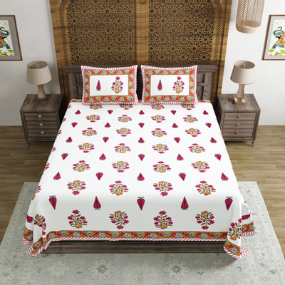 Blocks Of India Cotton Double Flat 200 TC Printed Bedsheet(Pack of 1, Pink)