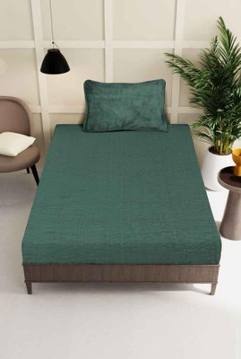 SHOPHOX Woolen Single Fitted (Elastic) 300 TC Solid Bedsheet(Pack of 1, Green, White, Multicolor)