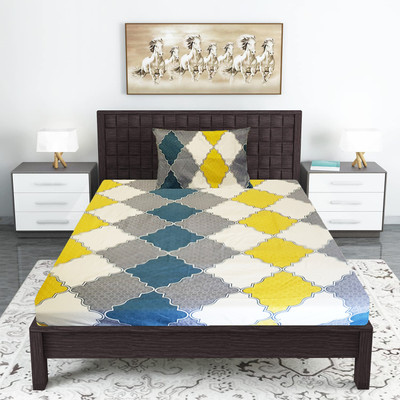 AUSIEE 180 TC Cotton Single Abstract Fitted (Elastic) Bedsheet(Pack of 1, Multi-Mandir)