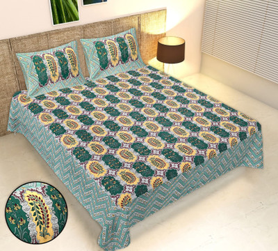 Cosito Cotton King Flat 240 TC Jaipuri Prints Bedsheet(Pack of 1, Green)