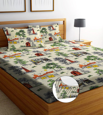 ANIKET Cotton Double, Queen Fitted (Elastic) 160 TC Printed Bedsheet(Pack of 1, MULTICOLOR 3)