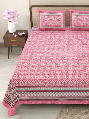 CLOTHOLOGY 240 TC Cotton King Jaipuri Prints Flat Bedsheet(Pack of 1, Pink, Grey, White)