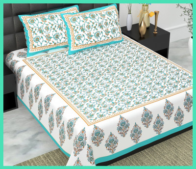 JAIPUR PRINTS Cotton Double Flat 144 TC Printed Bedsheet(Pack of 1, Sky)