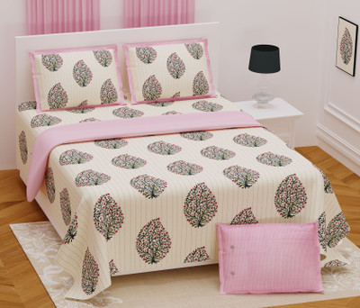 SABHINJO Cotton Super King Flat 150 TC Jaipuri Prints Bedsheet(Pack of 1, PINK 9ft/9ft)