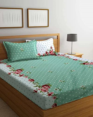 TURIYA Microfiber Double Fitted (Elastic) 180 TC Floral Bedsheet(Pack of 1, Green)
