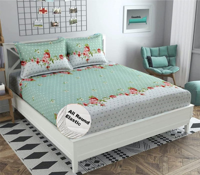 BestHandloom Cotton Double Fitted (Elastic) 210 TC Floral Bedsheet(Pack of 1, Design 9)