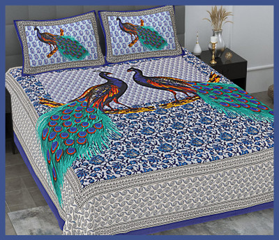 JAIPUR PRINTS Cotton Double Flat 240 TC Jaipuri Prints Bedsheet(Pack of 1, Blue)