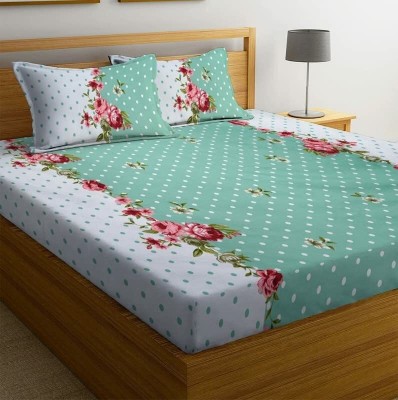 SHYAM 220 TC Cotton Double Geometric Fitted (Elastic) Bedsheet(Pack of 1, Green)
