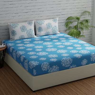 Decent Home 240 TC Cotton Double Floral Fitted (Elastic) Bedsheet(Pack of 1, White, Blue)