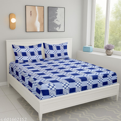 Jeeva Enterprise Cotton Double Fitted (Elastic) 210 TC 3D Printed Bedsheet(Pack of 1, Blue)