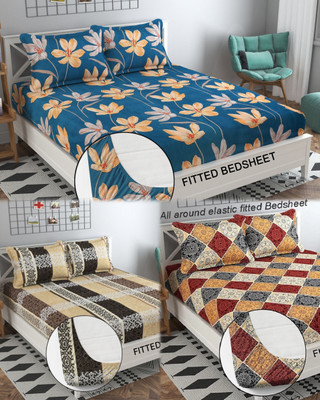 DMF Cotton Queen Fitted (Elastic) 220 TC 3D Printed Bedsheet(Pack of 3, leafy , traditional , rajwada fitted bedsheet with matching pillow cover)