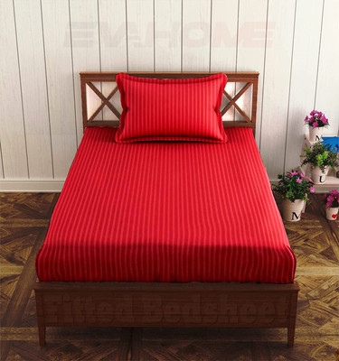 EVAHOME 300 TC Cotton Single Striped Fitted (Elastic) Bedsheet(Pack of 1, Red)