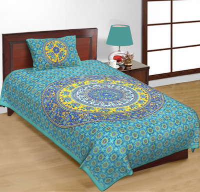 Pink City Cotton Single Flat 144 TC Jaipuri Prints Bedsheet(Pack of 1, Green Blue Yellow)