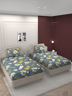 BELVOSTUM 280 TC Microfiber Single 3D Printed Flat Bedsheet(Pack of 2, Grey)